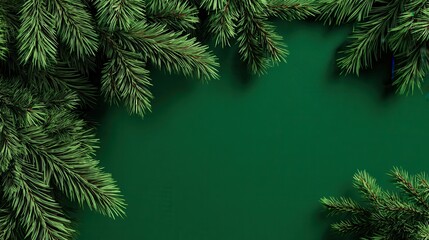 top view of green christmas background with branch of christmas tree with copy space for text