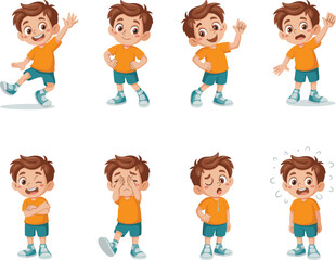 Cartoon boy character showing emotions, happy, sad, surprised, winking, funny, cute child poses, illustration for kids learning design