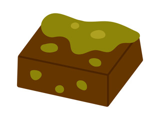 Vector Dubai chocolate brownie with pistachio topping isolated on white. Tasty nutty dessert illustration for bakery menu, confectionery packaging, cafe branding, and food design.