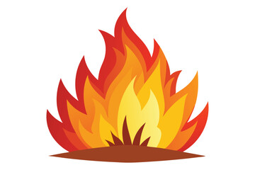 Vivid flames dance upwards from a small, brown patch of ground below on white