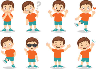 Cute cartoon boy character set showing different emotions, happy child expressions, playful kid poses, vector illustration, isolated on white background