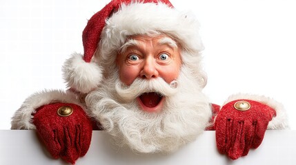 Santa Claus with a surprised expression peeking over a white surface.