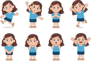 Cute cartoon girl character set showing emotions, happy child expressions, playful kid poses, vector illustration design, isolated on white background