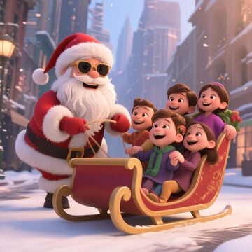 Santa Claus wearing sunglasses pulls a sleigh filled with joyful children through a snowy city street, surrounded by tall buildings and festive decorations.