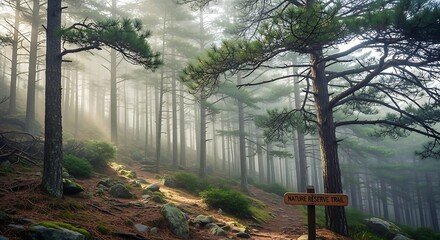 Enchanting forest trail with towering trees and ethereal morning mist