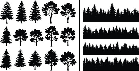 Tree silhouettes, forest edges, coniferous and deciduous, black figures, nature shapes, botanical icons, white background, landscape design, grid layout, illustration © Md Shahedul