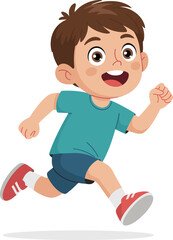 Happy cartoon boy running fast with smile, energetic child in motion, playful kid exercising, vector illustration, active lifestyle, isolated background