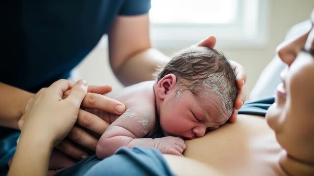 Newborn baby with vernix resting on mother's chest after birth, with copy space