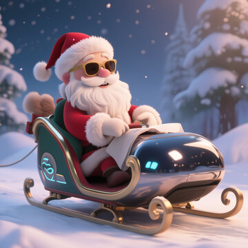 Santa Claus in sunglasses rides a futuristic sleigh through a snowy forest, holding a list. The scene is festive and whimsical, with snow-covered trees in the background.