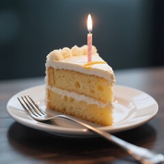 A slice of vanilla cake with white frosting and a lit pink candle on top, placed on a white plate with a fork beside it, set against a dark background.