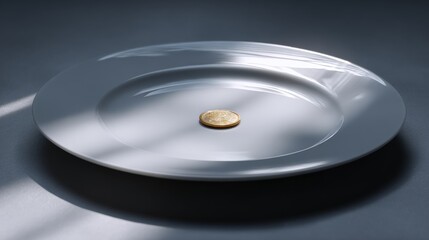 Single gold coin on empty plate in minimalist setting with dramatic lighting