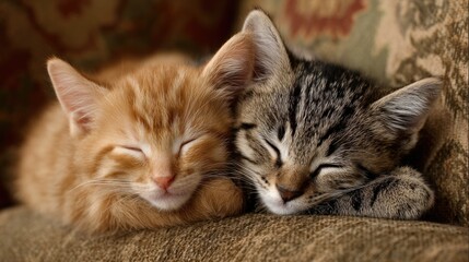 Two kittens cuddling, sleeping soundly