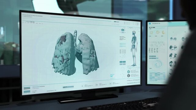Doctor Oversees X-ray Examination Scan Of Patients Lungs At Hospital. X-ray Examination Scan Discovers Lung Cancer Disease. X-ray Examination Scan In High Tech Medical Computer. Interface. Animation