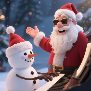 A cheerful Santa and a snowman joyfully play the piano together in a snowy winter scene, with Santa wearing sunglasses and both in festive red hats, surrounded by falling snowflakes.