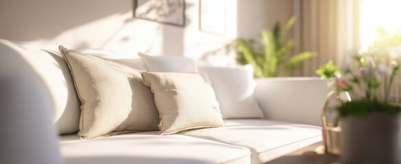 The Sofa Bathed in Warm Sunlight with Cushions and Potted Plants