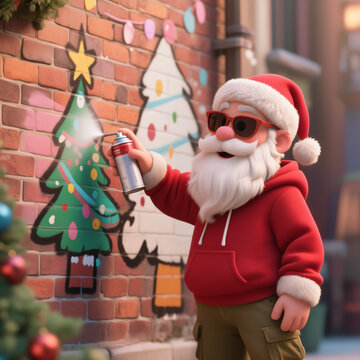 A cartoon Santa in a red hoodie and sunglasses spray paints colorful Christmas trees on a brick wall, blending holiday cheer with urban street art in a whimsical alleyway setting.