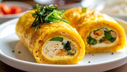 Golden, rolled omelet filled with savory ingredients