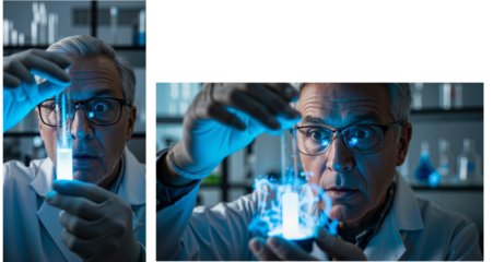 Elderly scientist examining glowing test tube in laboratory setting  