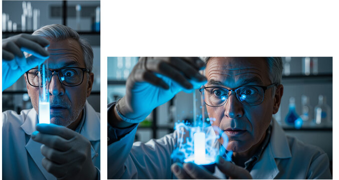 Elderly scientist examining glowing test tube in laboratory setting   - Powered by Adobe