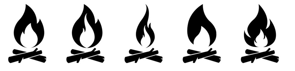 Wood campfire set. Black and white, Camping fire firewood, signal bonfire on beach outdoor fireplace with burn coal or wooden log extinguished flame cartoon campfires