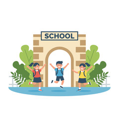 Cheerful students carrying backpacks are leaping in an illustration set against a white background