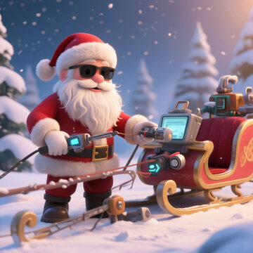 Santa Claus in sunglasses stands beside a high-tech sleigh in a snowy forest, holding futuristic gadgets. The scene is festive, blending traditional Christmas with modern technology.