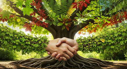 Tree with roots shaped like handshake, branches full of diverse leaves.