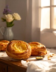 Baked pastries, sunlight, and flowers