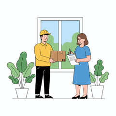 Fototapeta premium The client stands next to the shipper to sign her invoice