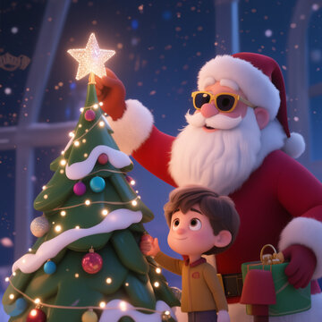 Santa and a child decorate a Christmas tree with a glowing star in a cozy, festive setting. Santa wears sunglasses and holds a gift, while the child looks up in wonder.