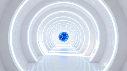 Obraz premium Futuristic White Circular Tunnel with Blue Ball
