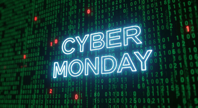 Cyber Monday neon sign against green binary code background   - Powered by Adobe