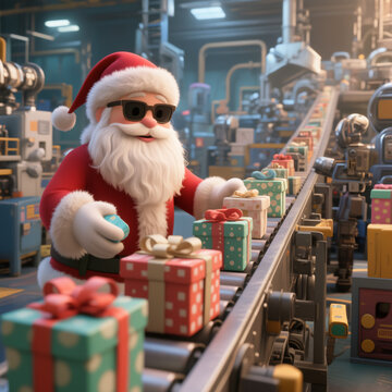 Santa wearing sunglasses operates a high-tech gift assembly line, surrounded by colorful wrapped presents in a modern factory setting, blending traditional holiday themes with futuristic technology.