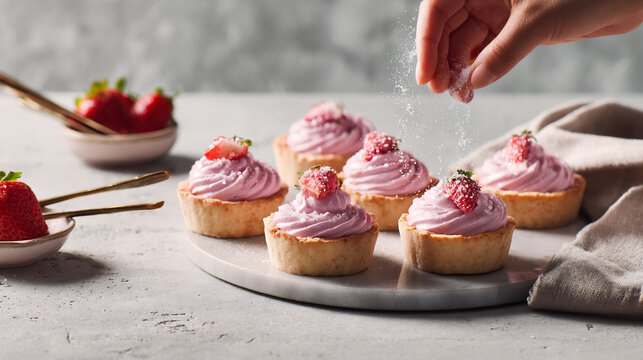 Appetizing pink tartlets with cream and strawberries. Elegant presentation highlighting texture and dessert freshness