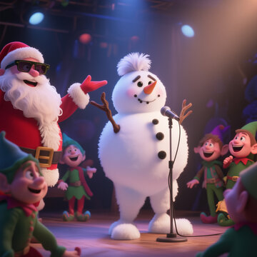 A cheerful snowman stands on stage with a microphone, surrounded by Santa and joyful elves, under colorful stage lights, creating a festive and animated holiday scene.