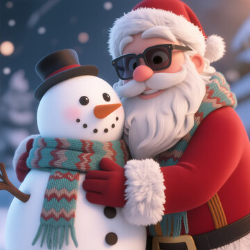 A cheerful Santa in sunglasses hugs a snowman, both wearing colorful scarves, set against a snowy winter background with soft lighting and a festive atmosphere.