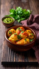 Baked potatoes in a bowl, garnished with herbs and sauce