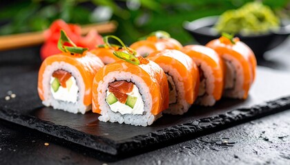 Gourmet Sushi Rolls with Salmon, Cucumber and Cream Cheese on a Black Platter