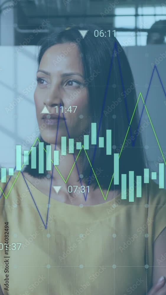 Poster animation of statistical data processing against portrait of woman smiling at office