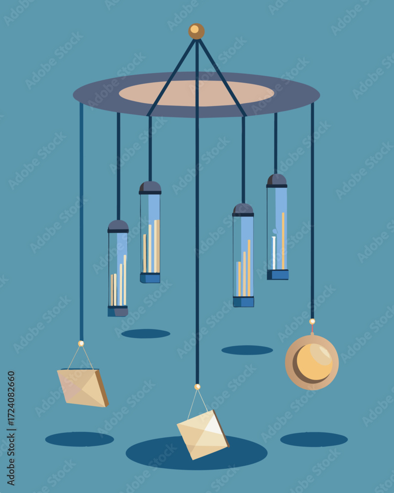 Poster a set of wind chimes suspended in the air each one topped with a small rotating solar panel that pow