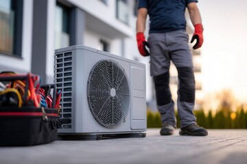 technician installing a heat pump unit next to a residential building
