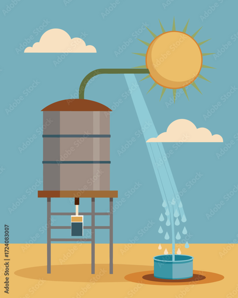 Aufkleber a trickle of water flows from a spout attached to a simple metal tank powered by the suns rays and p