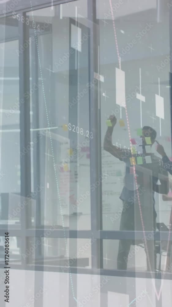 Aufkleber animation of data processing and diagrams over diverse colleagues discussing work