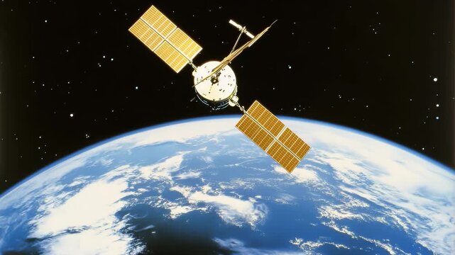 Satellite orbiting the Earth capturing data and monitoring weather from space, artificial satellite of the earth a satellite flying in space over the globe