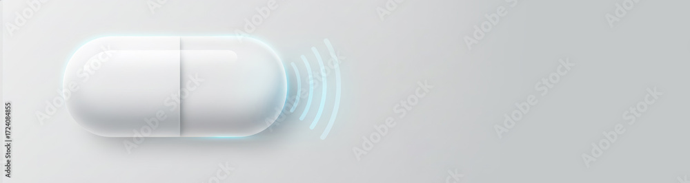 Poster smart pill with glowing digital signal sending data. modern drug with sensor and wireless communicat