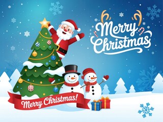 Santa Claus celebrates with cheerful snowmen and a decorated Christmas tree in a snowy winter wonderland.