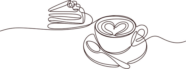Minimalist line drawing of coffee with heart latte art and layered cake dessert