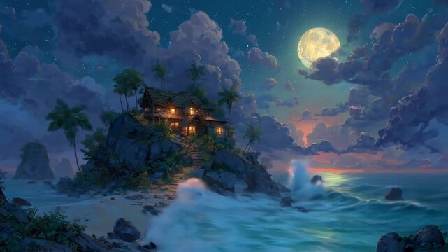 Island hut moonlight scene