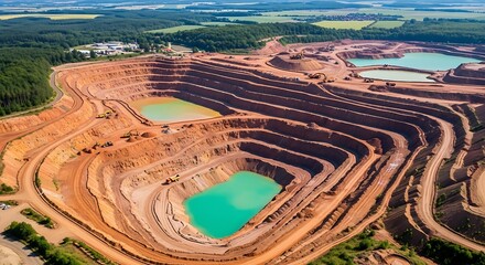 Extensive open-pit mine with turquoise water and heavy machinery action