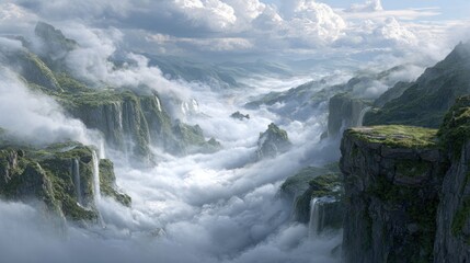 Misty mountain valley with waterfalls